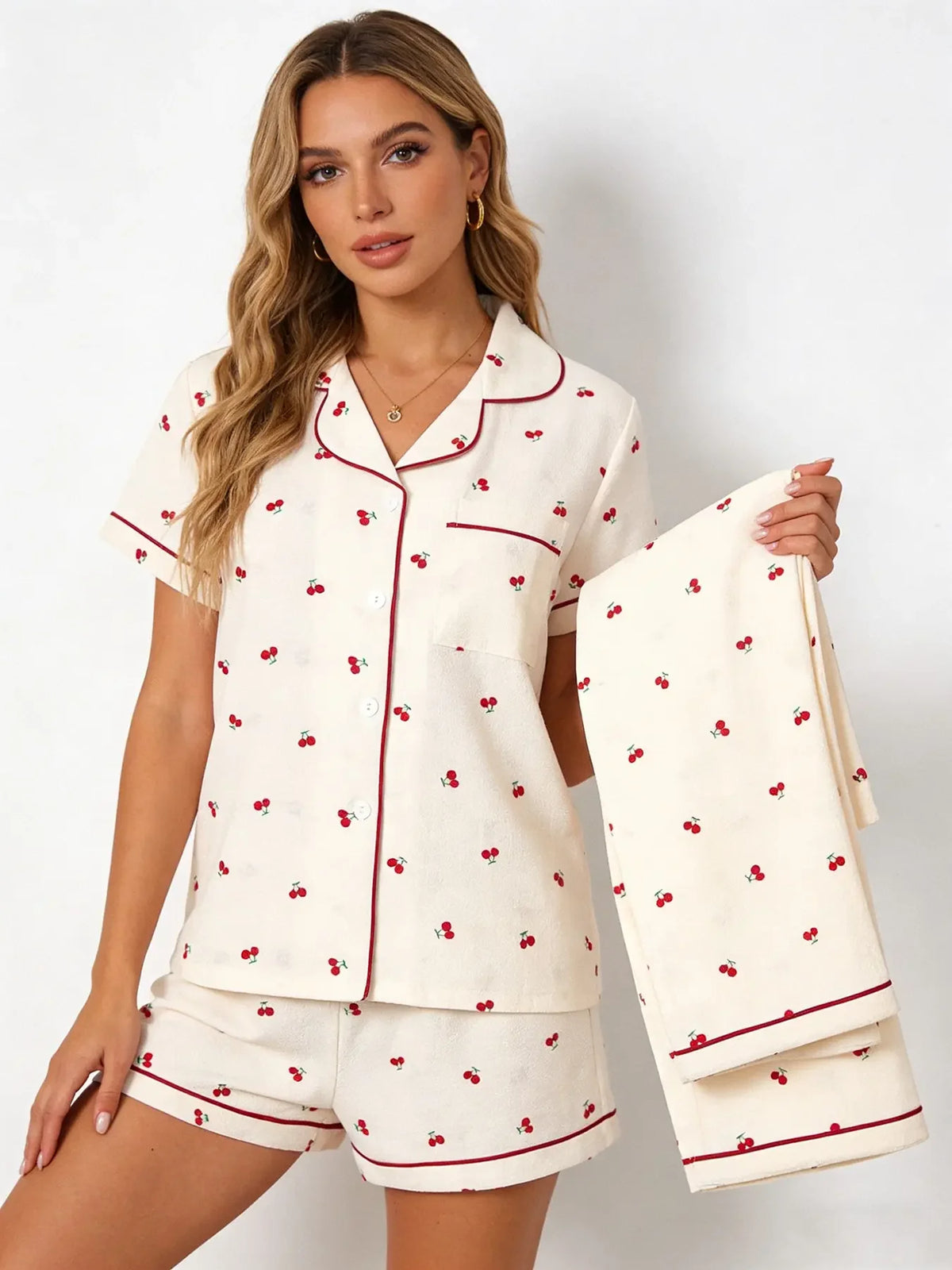 Three-Piece Cream Bow Print Pajama Lounge Set with Short-Sleeve Button-Down Top, Matching Shorts and Long Pants