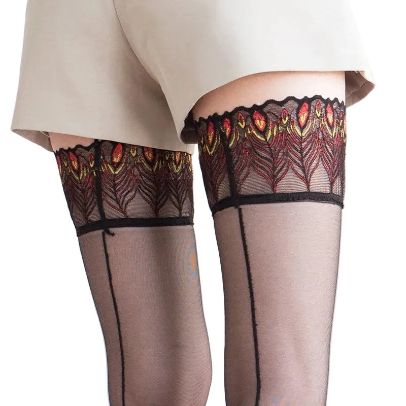 Vintage Back Seam Thigh High Stockings with Lace Stay-Up Band and Sheer Finish