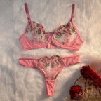 Vibrant Yellow Botanical Embroidered Sheer Mesh Underwire Bra and Thong Set