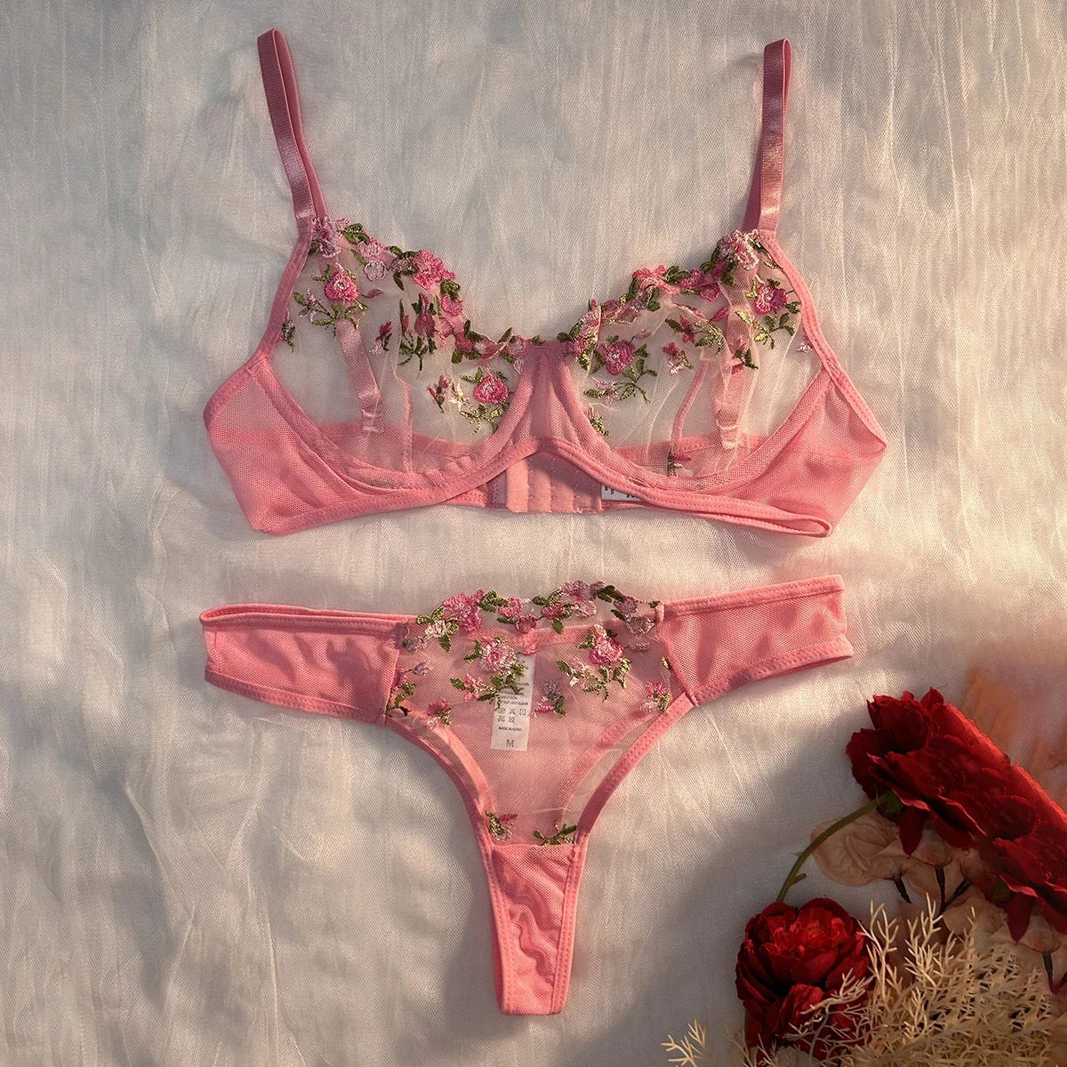Vibrant Yellow Botanical Embroidered Sheer Mesh Underwire Bra and Thong Set