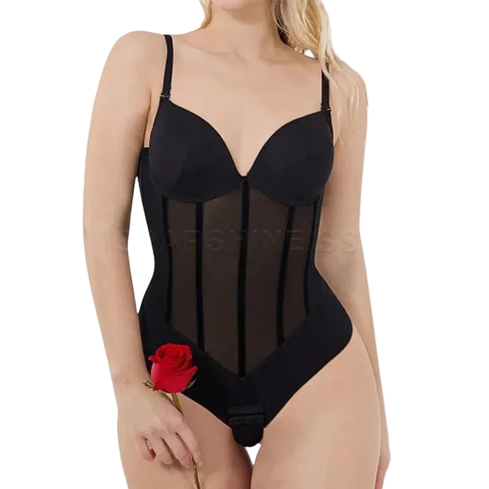 Plunging V-Neck Bodysuit with Vertical Sheer Paneling and Defined Bust Contour