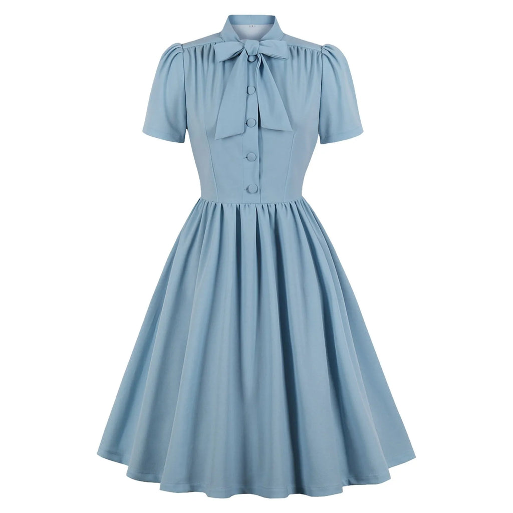 Retro Preppy Light Blue Midi Dress with Bow Collar and Button Bodice