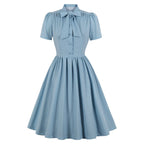 Retro Preppy Light Blue Midi Dress with Bow Collar and Button Bodice