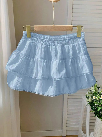 Tiered Ruffle Mini Skirt with Lace Hem Lightweight A-Line Design