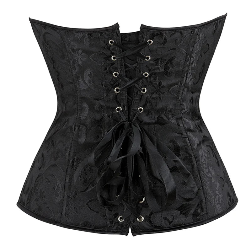 Classic Black Floral Jacquard Overbust Corset with Metal Busk Closure