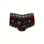 3-Piece Women’s Black and Red Skull Print Briefs Set with Lace Details, Floral Accents and Edgy Alternative Style