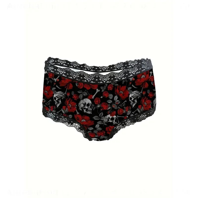 3-Piece Women’s Black and Red Skull Print Briefs Set with Lace Details, Floral Accents and Edgy Alternative Style