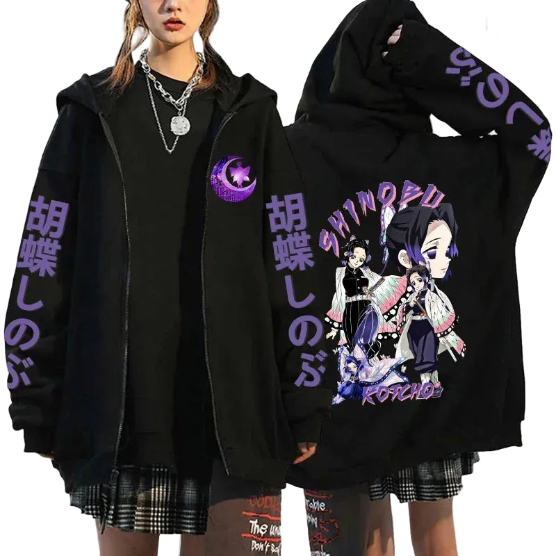 Warrior Art Zip Hoodie with Retro Manga Streetwear Aesthetic