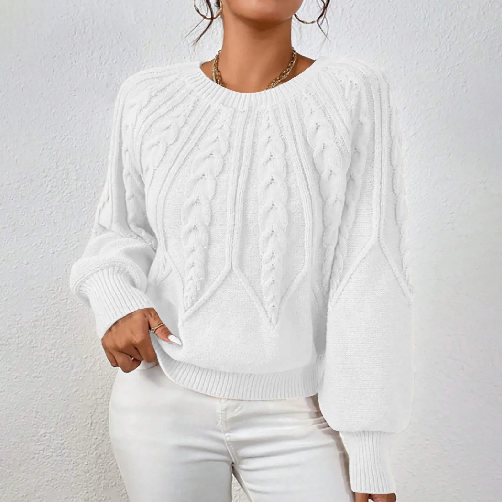 Women's Textured Cable Knit Crew Neck Relaxed Fit Sweater Pullover