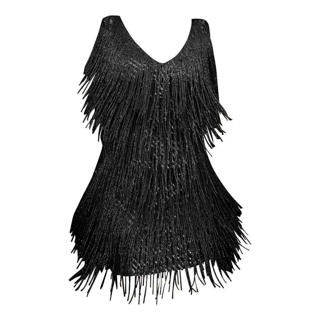 Black Sequin and Tassel Fringe Mini Dress with Plunging V-Neckline