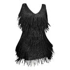 Black Sequin and Tassel Fringe Mini Dress with Plunging V-Neckline