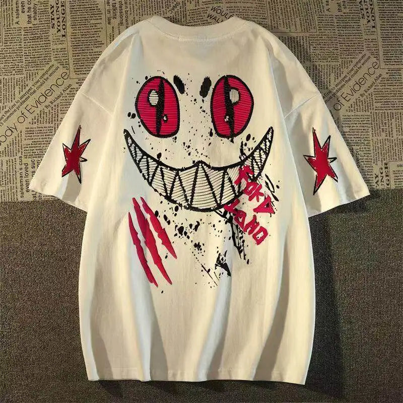 Oversized Graffiti Smile Graphic Cotton T-Shirt with Street Art Inspired Design