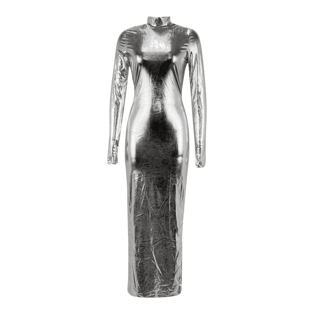 Shimmer Bodycon Maxi Dress with Open Back and Long Sleeves