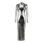 Shimmer Bodycon Maxi Dress with Open Back and Long Sleeves