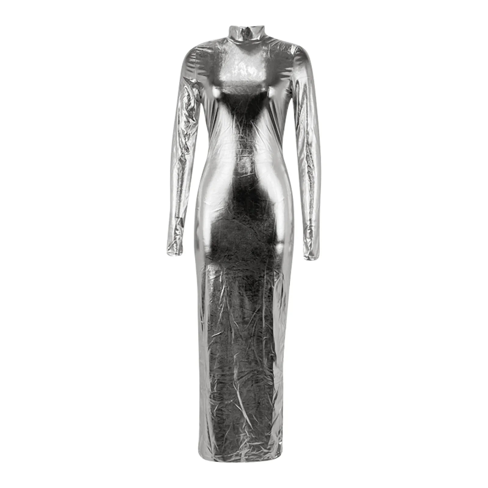 Shimmer Bodycon Maxi Dress with Open Back and Long Sleeves