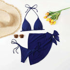 Navy Blue Three-Piece Triangle Bikini Set with Lace-Up Halter Top, Matching Bottom and Coordinated Wrap Skirt