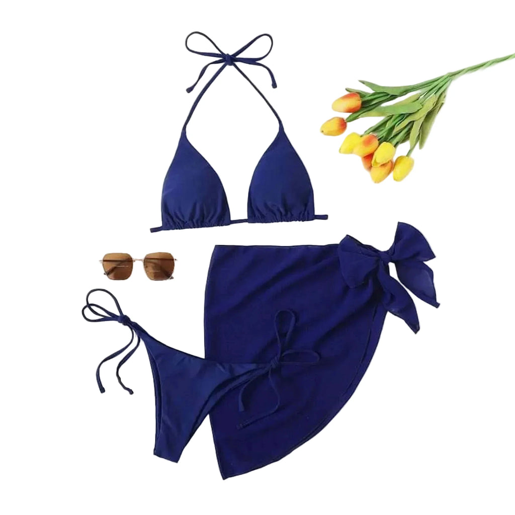 Navy Blue Three-Piece Triangle Bikini Set with Matching Tie Sarong