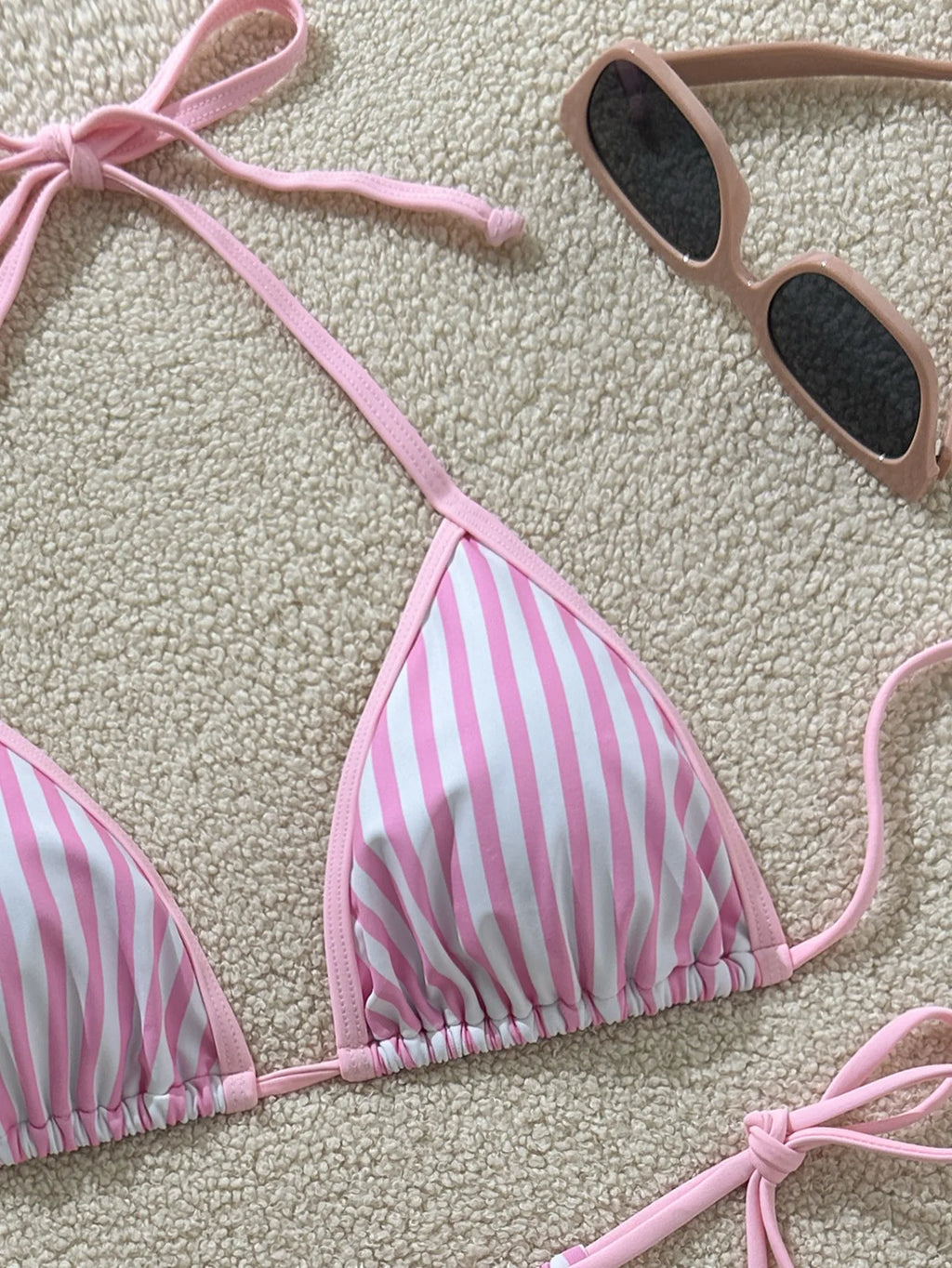 Pastel Pink and White Striped Triangle String Bikini