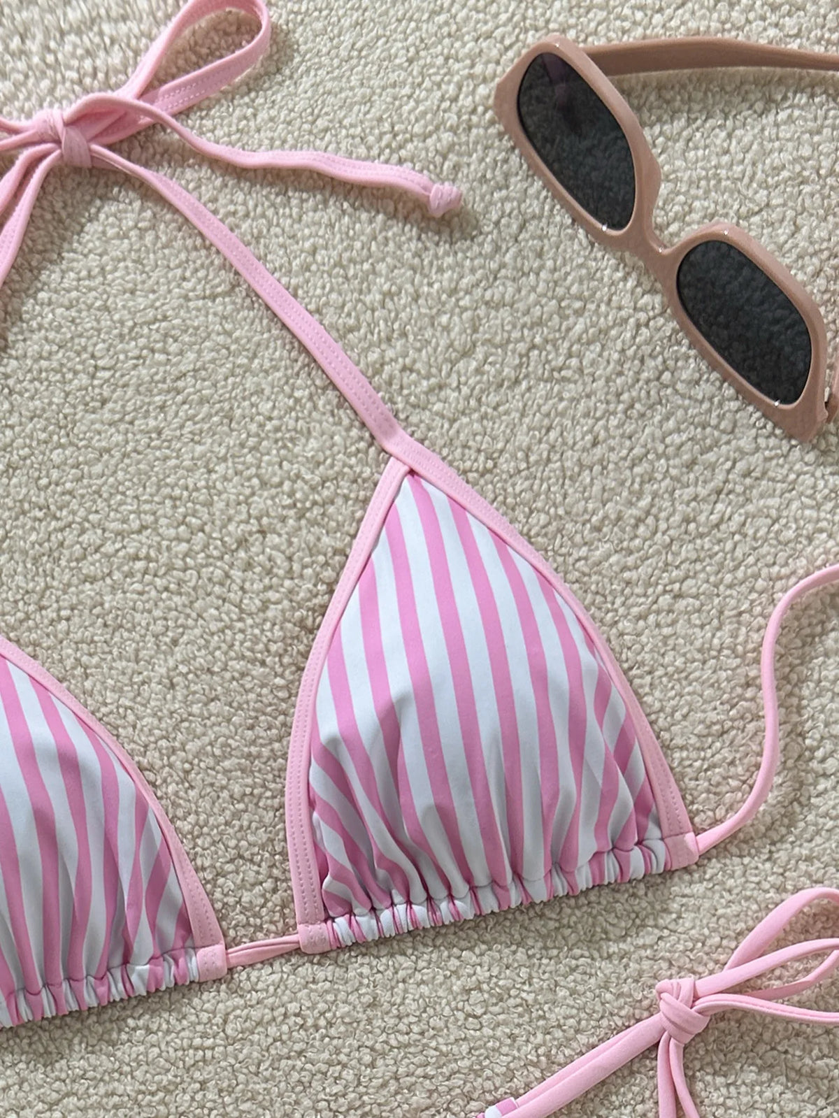 Pastel Pink and White Striped Triangle String Bikini