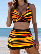Vibrant Striped Wrap-Front Swim Set with High-Waisted Ruffled Skirt