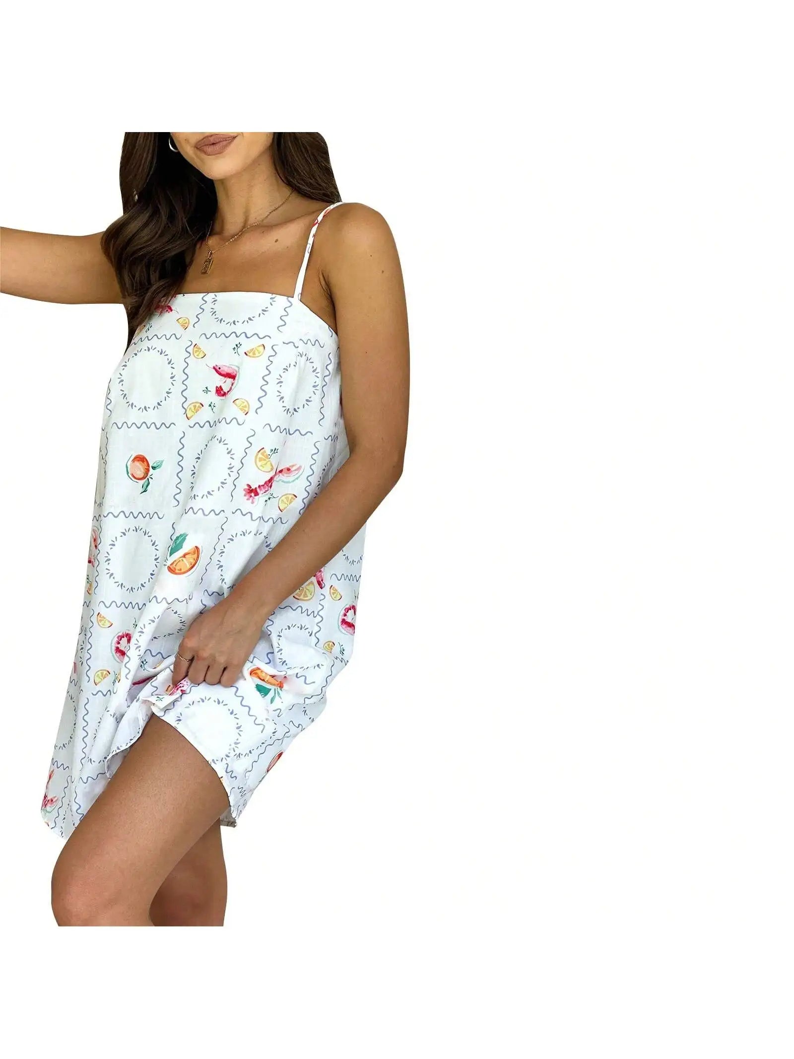 Spaghetti Strap Graphic Print A-Line Mini Dress with Relaxed Summer Silhouette