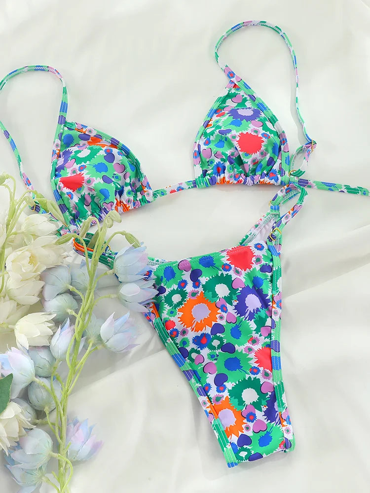 Vibrant Abstract Print Triangle String Bikini with Multi-Strap Cutout Bottoms