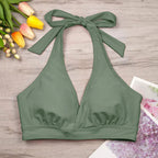Classic Black Halter Bikini Top with Gathered Front Detailing and Tie-Neck Straps