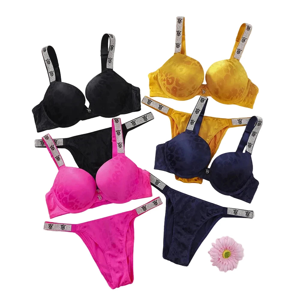 Statement Rhinestone Strap Push-Up Bra and Matching Embellished Thong Set