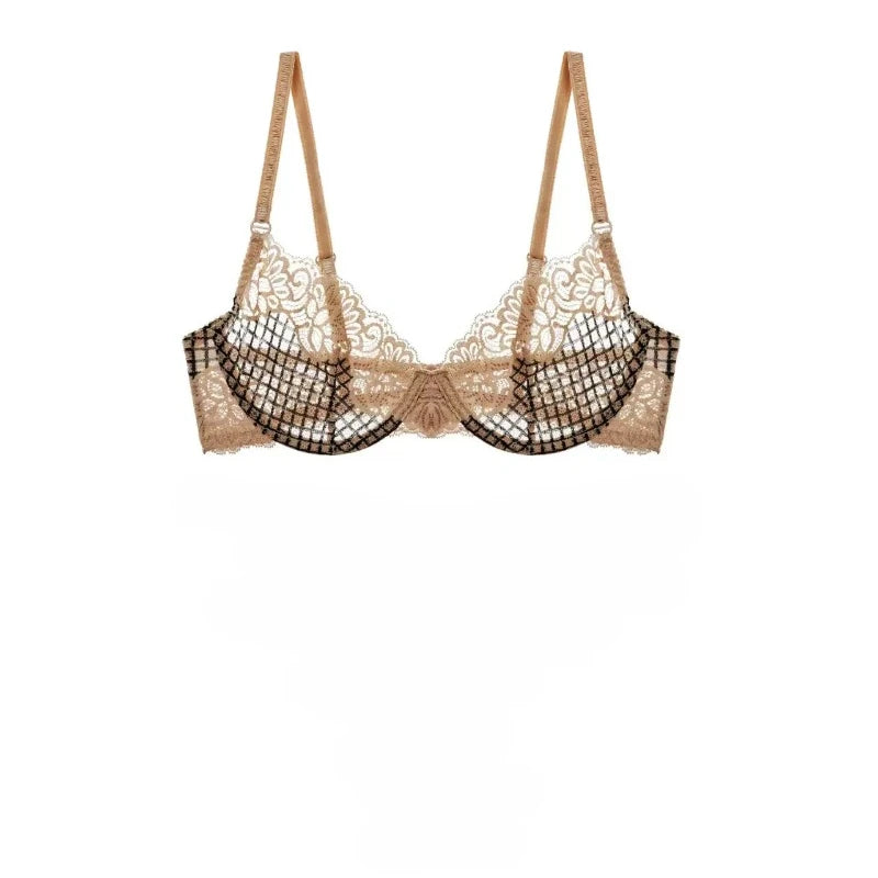 Elegant Silver Grey Floral Lace Underwire Bra with Blue Grid Accents