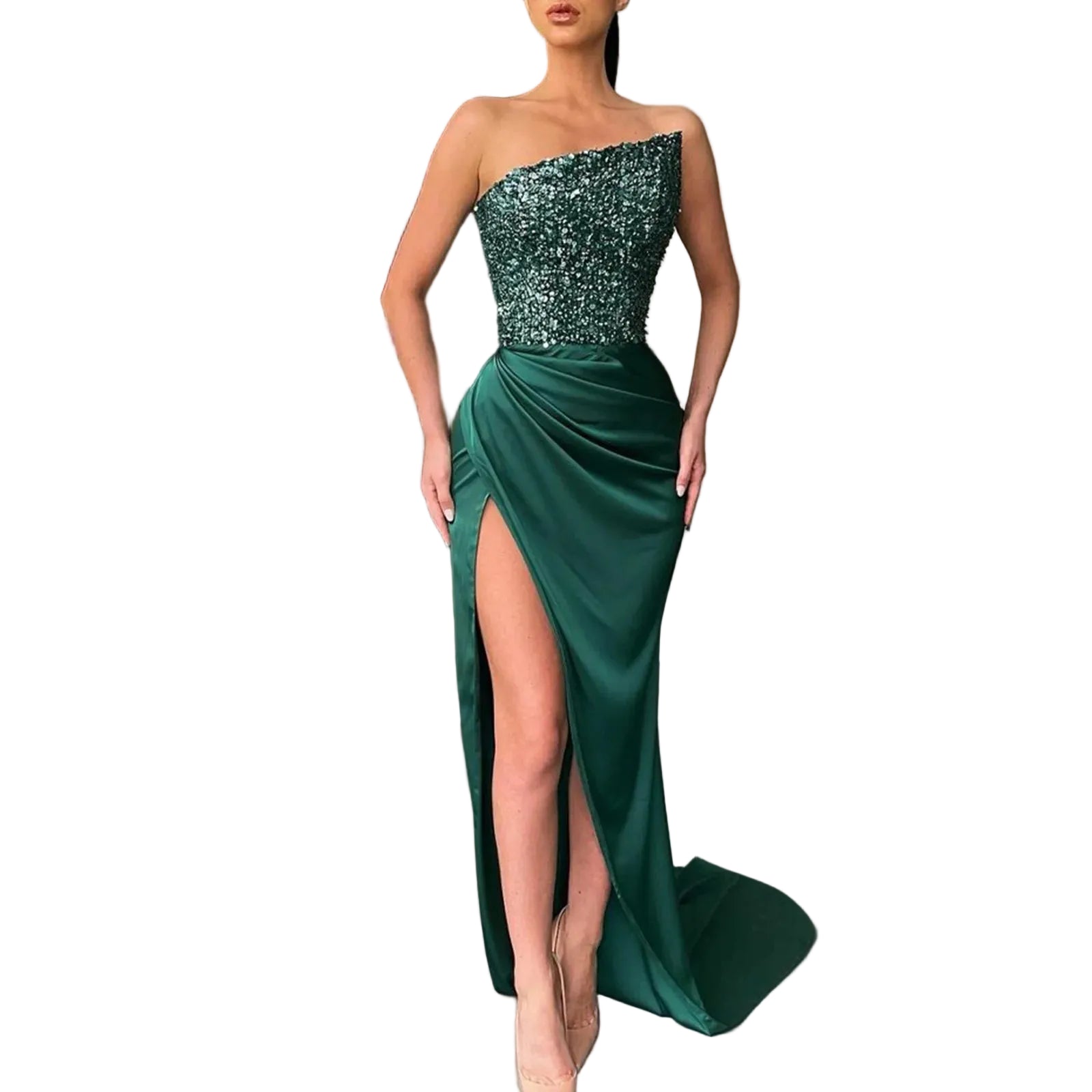Textured Strapless Maxi Dress With High Slit And Sculpted Shape