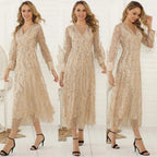 Deep V Neck Tassel Detail Maxi Dress with Elegant Long Sleeves