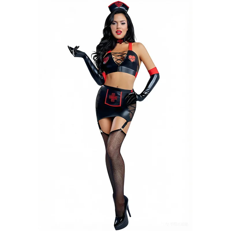 Black and Red Nurse-Inspired Costume Dress with Belted Waist, Contrast Trim and Coordinated Hosiery Styling