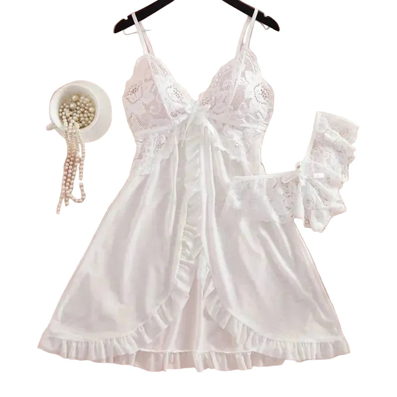 Romantic White Sheer Babydoll Lingerie Set with Ruffled Trim and Lace Bodice
