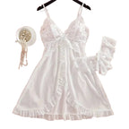 Romantic White Sheer Babydoll Lingerie Set with Ruffled Trim and Lace Bodice