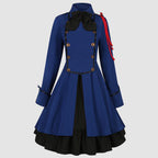 Vintage-Inspired Blue Victorian Coat Dress with Red Shoulder Cording and Bow Collar
