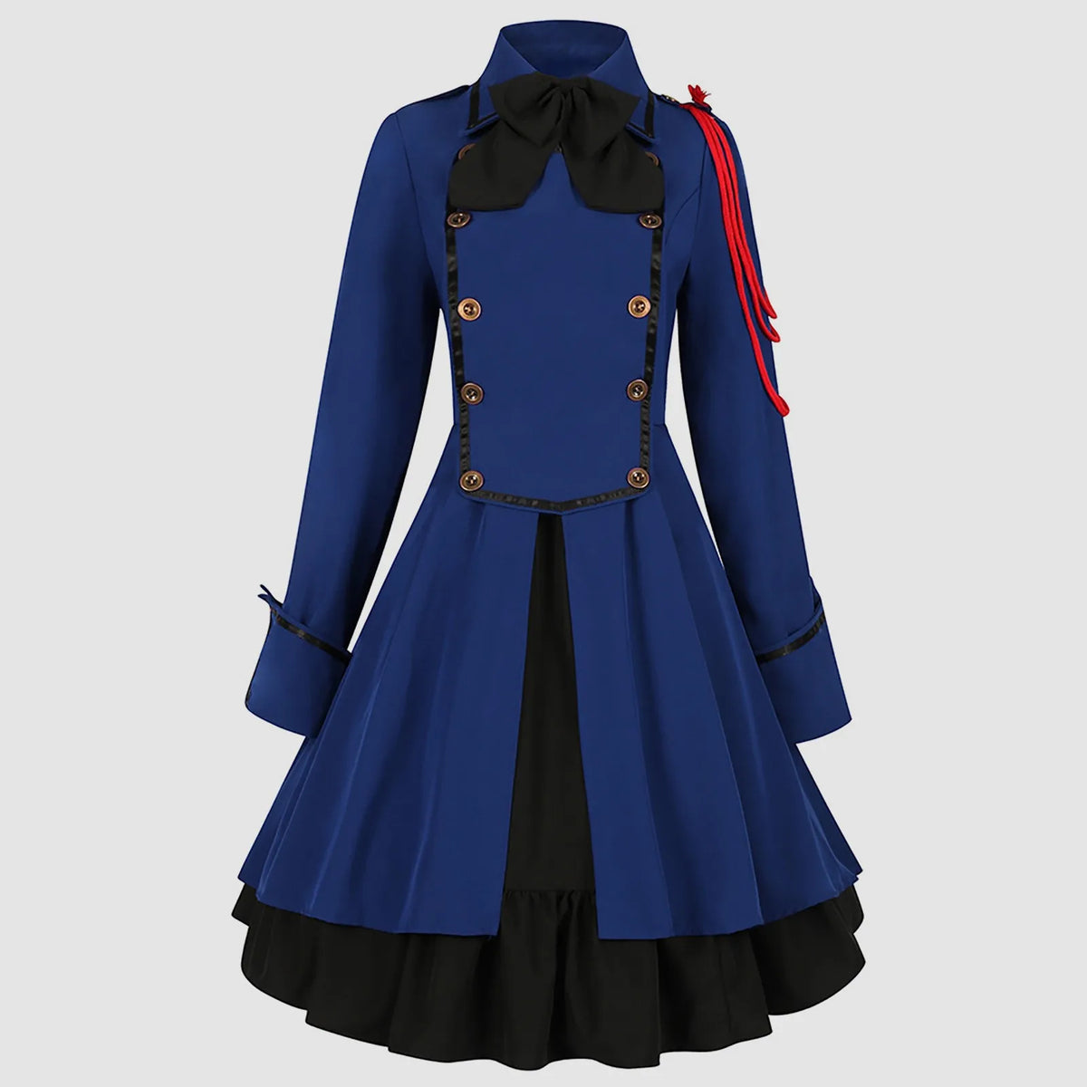 Vintage-Inspired Blue Victorian Coat Dress with Red Shoulder Cording and Bow Collar