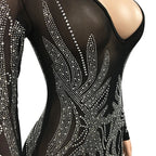 Sheer Sleeve Rhinestone Detail Maxi Dress with Bodycon Silhouette and Slit