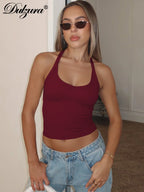Halter Crop Tank Top with Slim Fit Open Back Contemporary Streetwear Style