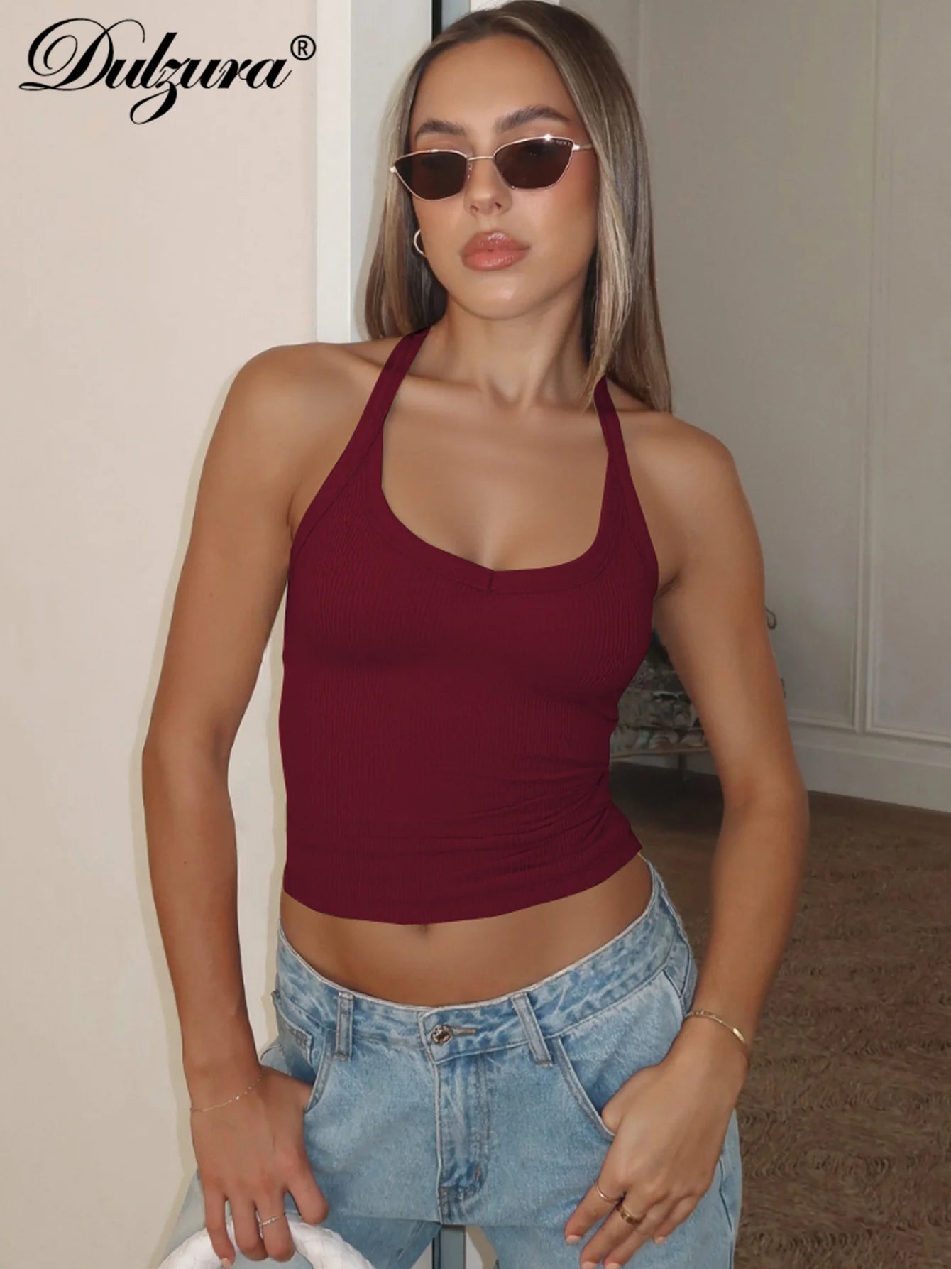 Halter Crop Tank Top with Slim Fit Open Back Contemporary Streetwear Style