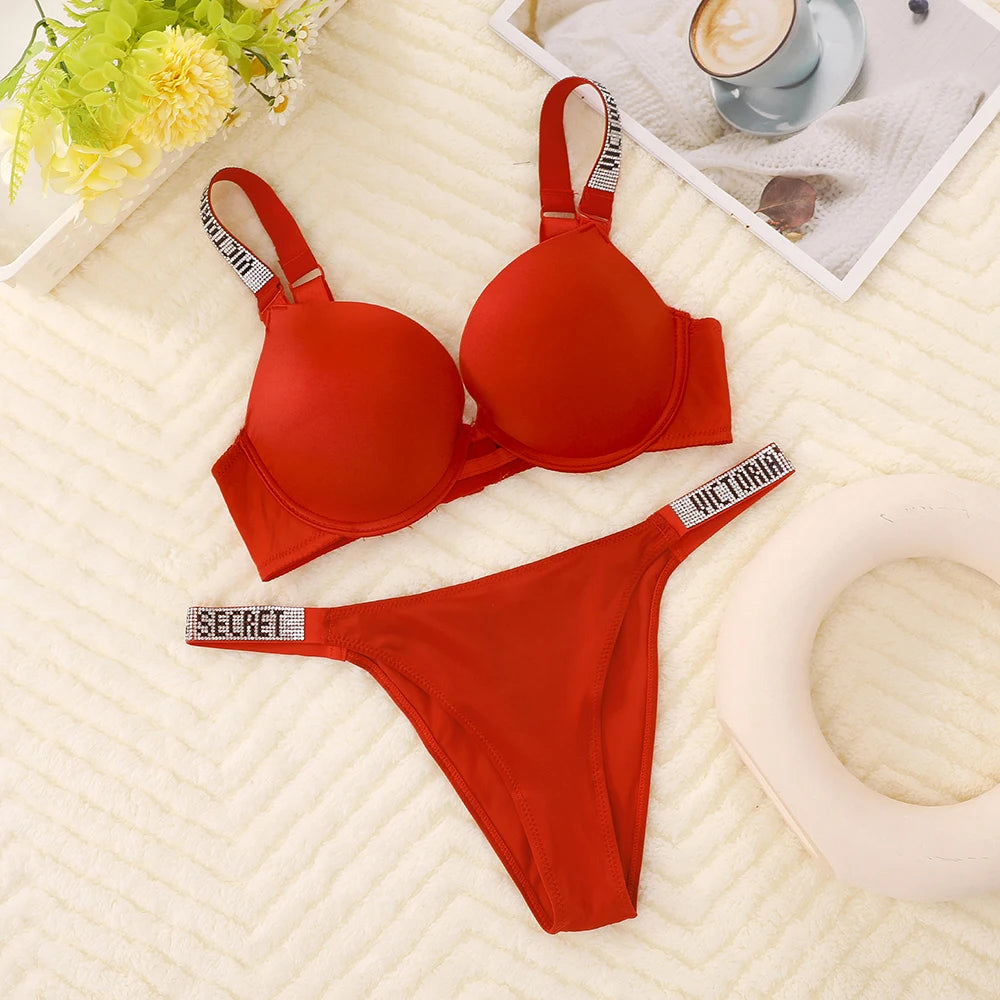 Luminous Rhinestone Script Strap Contour Bra and V-String Intimates Set