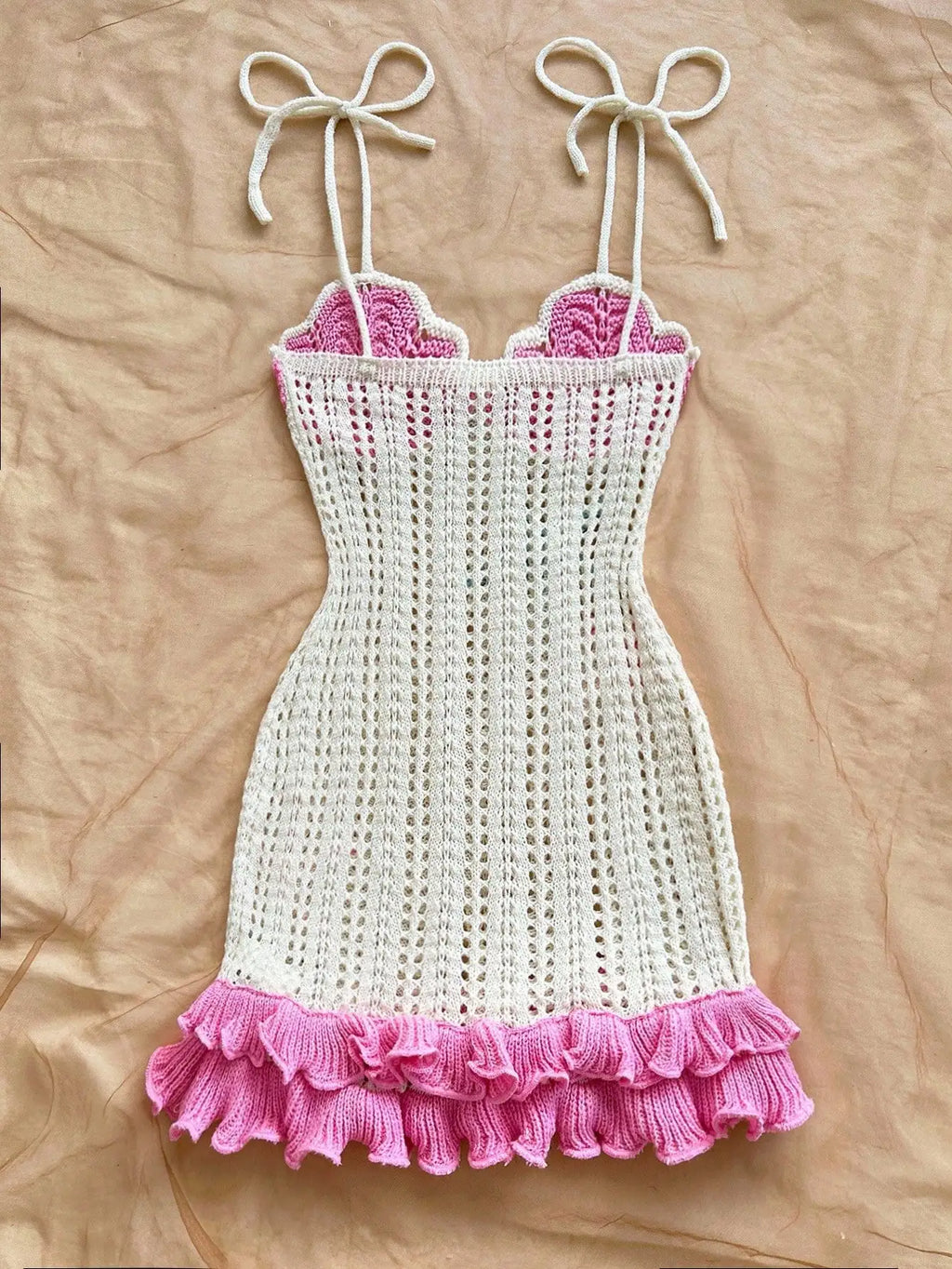 Playful Coastal Crochet-Style Mini Dress with Pink Ruffled Hem and Starfish Appliques
