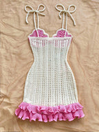 Playful Coastal Crochet-Style Mini Dress with Pink Ruffled Hem and Starfish Appliques