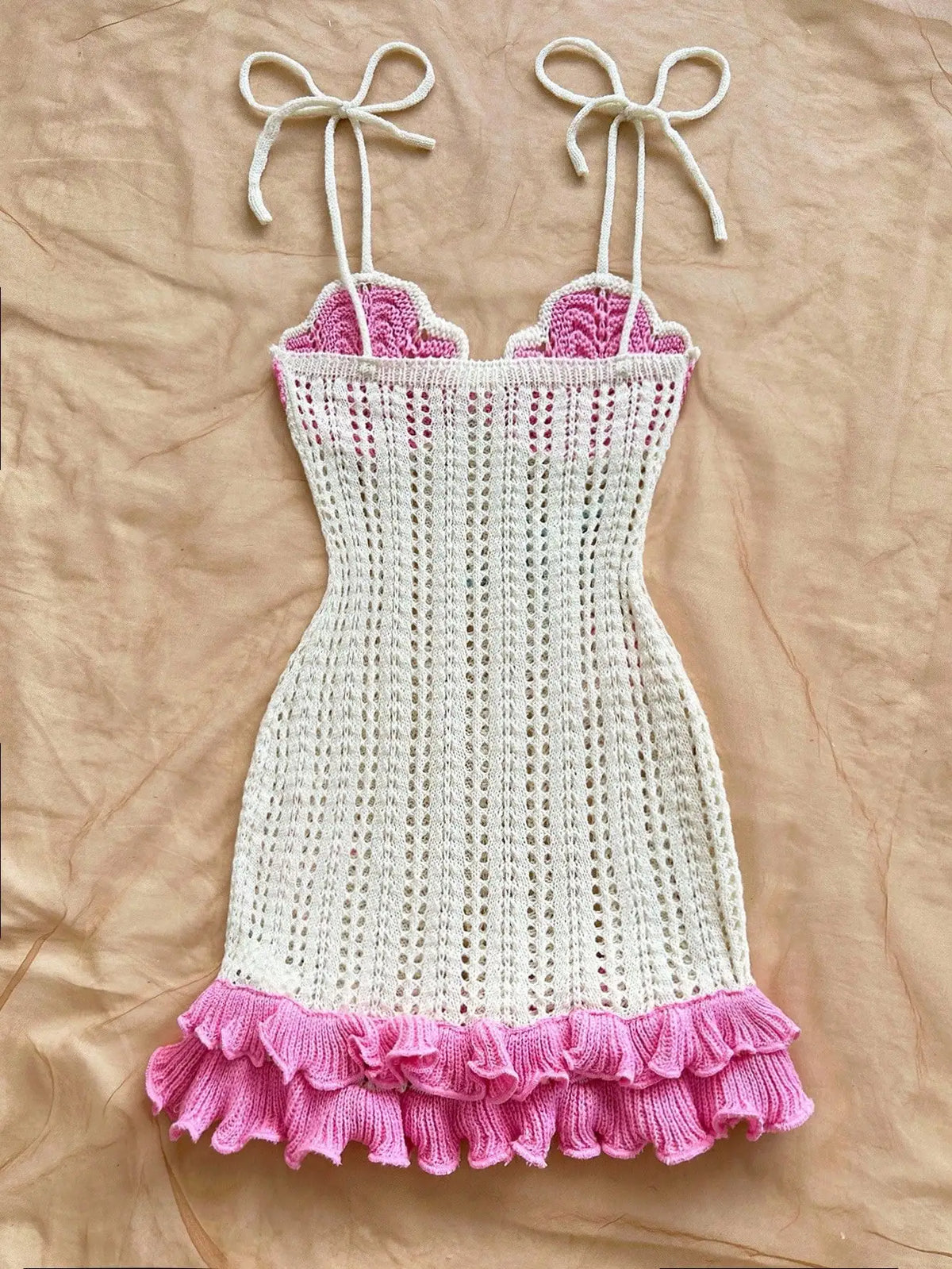 Playful Coastal Crochet-Style Mini Dress with Pink Ruffled Hem and Starfish Appliques