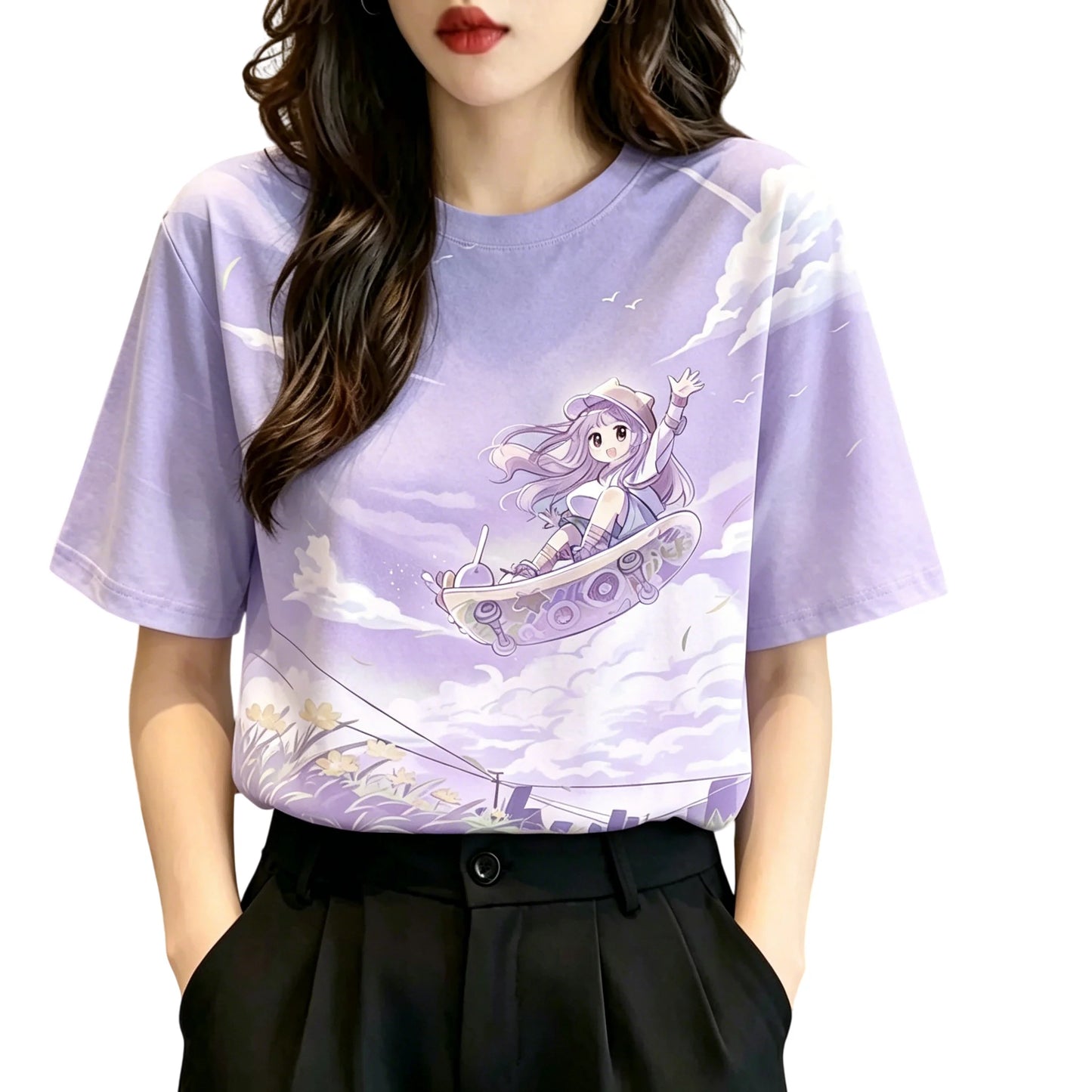 Sunset Adventure Anime Graphic Soft Cotton Kawaii Casual T-Shirt