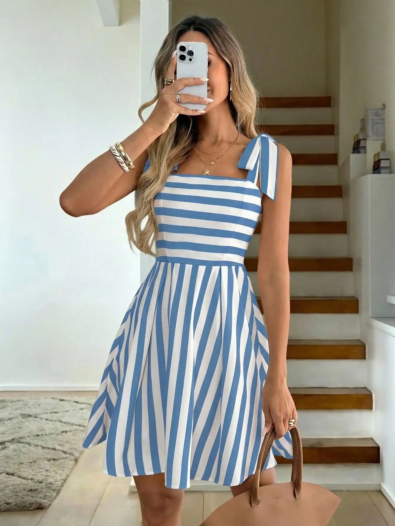 Tie Shoulder Striped A-Line Mini Dress with Square Neck Design