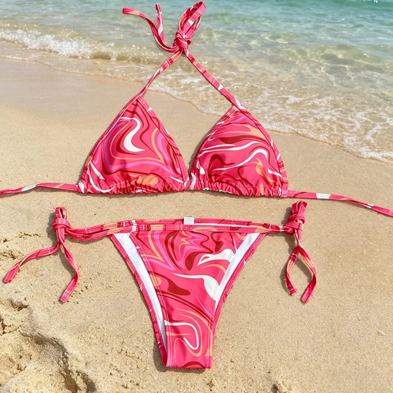 Blue and Green Abstract Swirl Print Triangle String Bikini