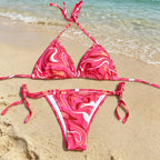 Blue and Green Abstract Swirl Print Triangle String Bikini