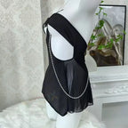Daring Black Sheer Mini Dress with Open Bodice and Decorative Chain Details