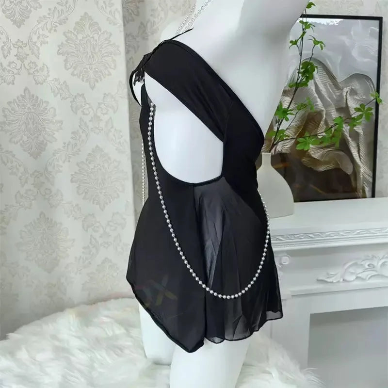 Daring Black Sheer Mini Dress with Open Bodice and Decorative Chain Details