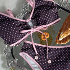 Y2K-Inspired Polka Dot High-Waisted Bikini with Pink Contrast Binding and Front Tie